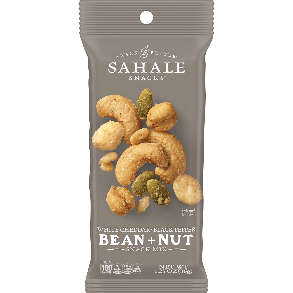 product carousel image White Cheddar Black Pepper Bean and Nut Snack Mix 1.25 oz pouch front of package